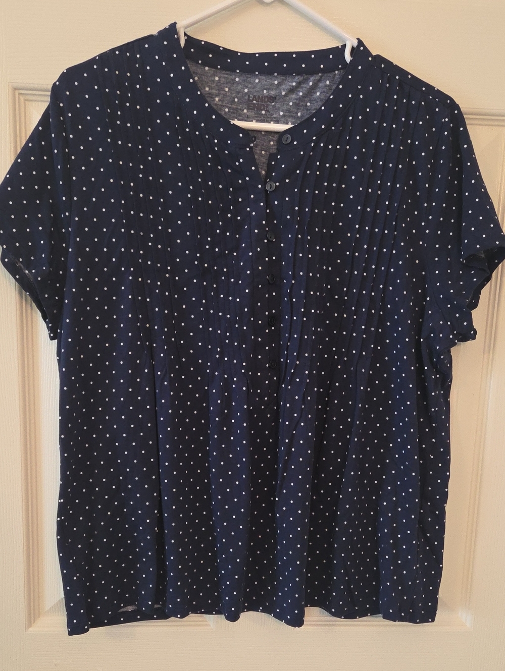 Lands' End Navy and White Polka Dot Short-Sleeve Blouse Shirt Size Large